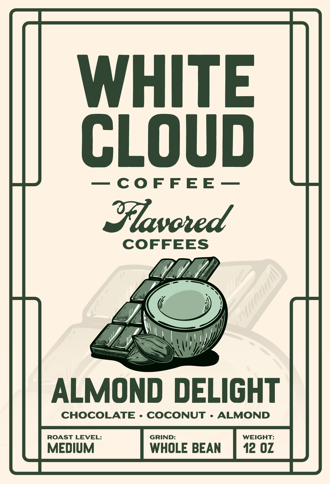 Almond Delight flavored coffee from White Cloud Coffee, chocolate coconut almond artwork