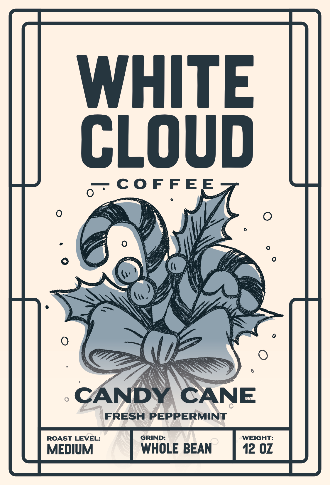 Candy Cane peppermint holiday coffee from White Cloud Coffee, candy cane and holly artwork