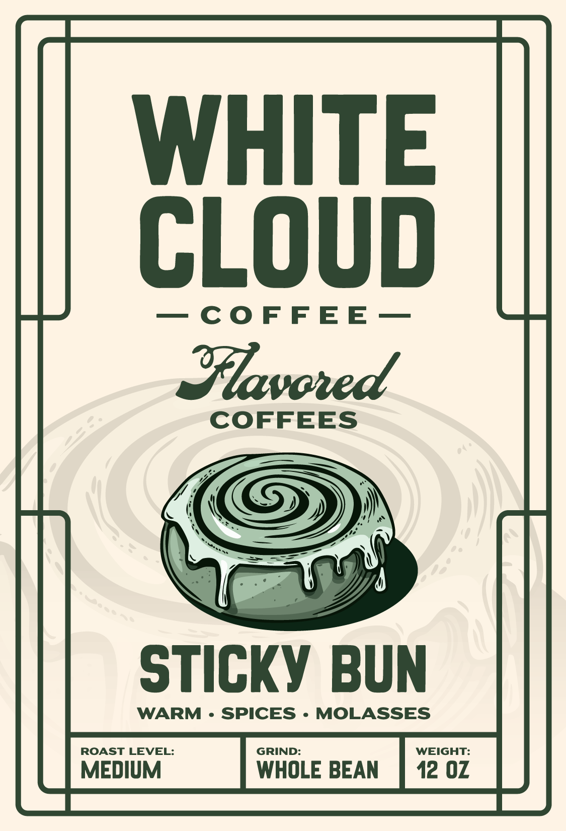 Cinnamon Sticky Bun flavored medium roast from White Cloud Coffee, glazed roll artwork