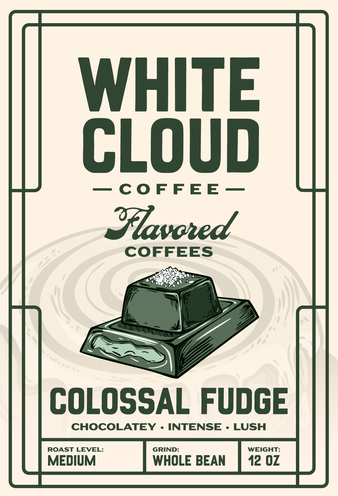 Colossal Fudge chocolate flavored coffee from White Cloud Coffee, fudge squares artwork