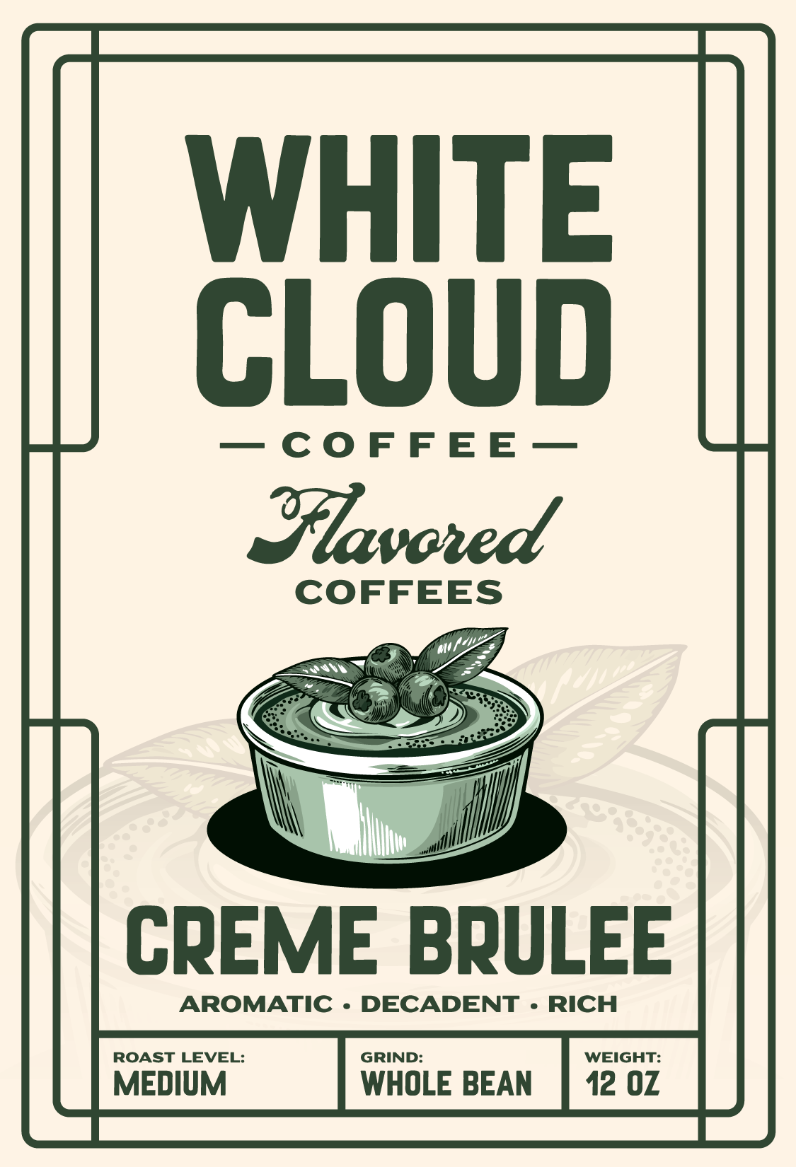Crème Brulee flavored coffee from White Cloud Coffee, berry-topped custard ramekin artwork