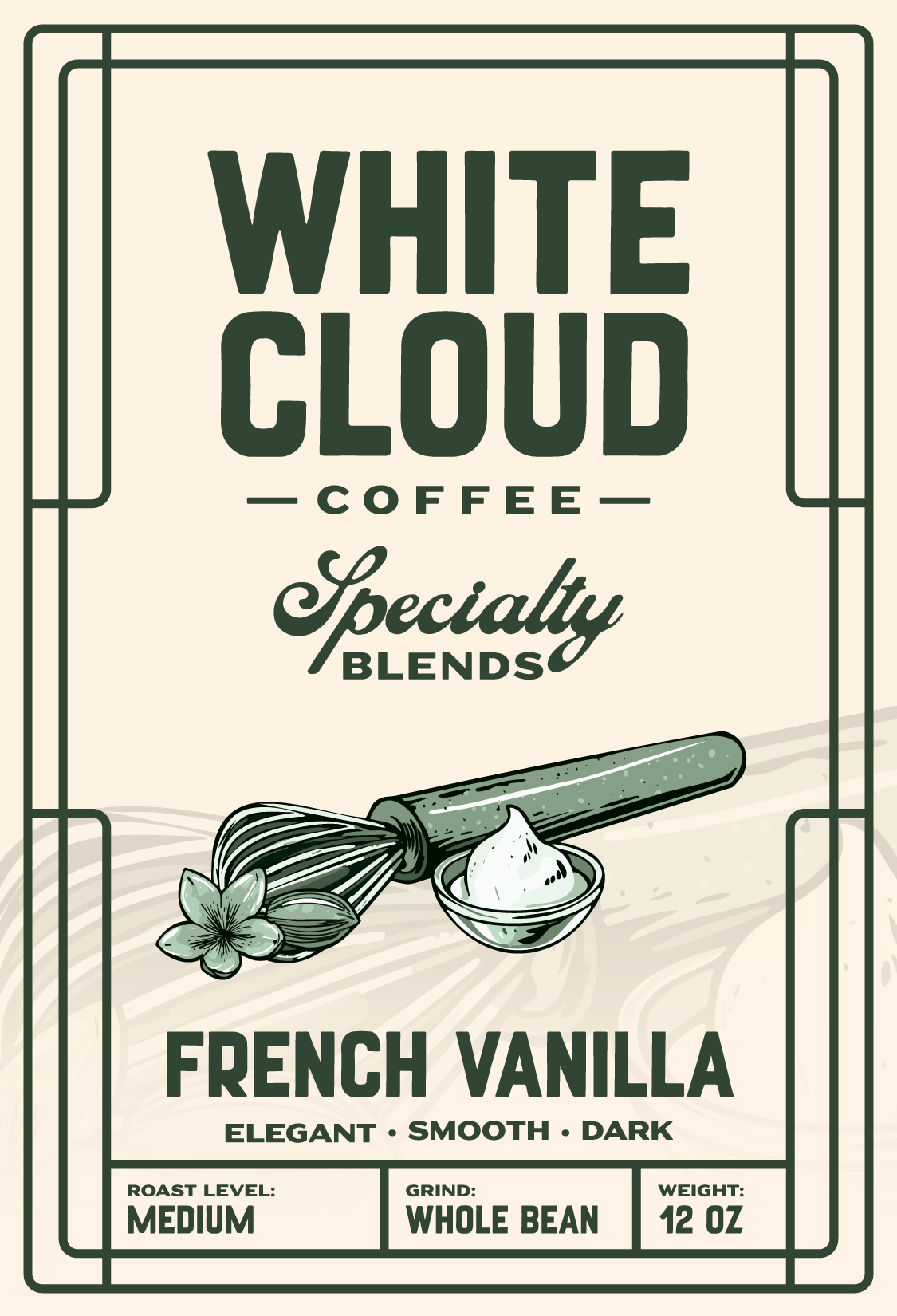 French Vanilla flavored coffee from White Cloud Coffee, whisk and vanilla bean artwork