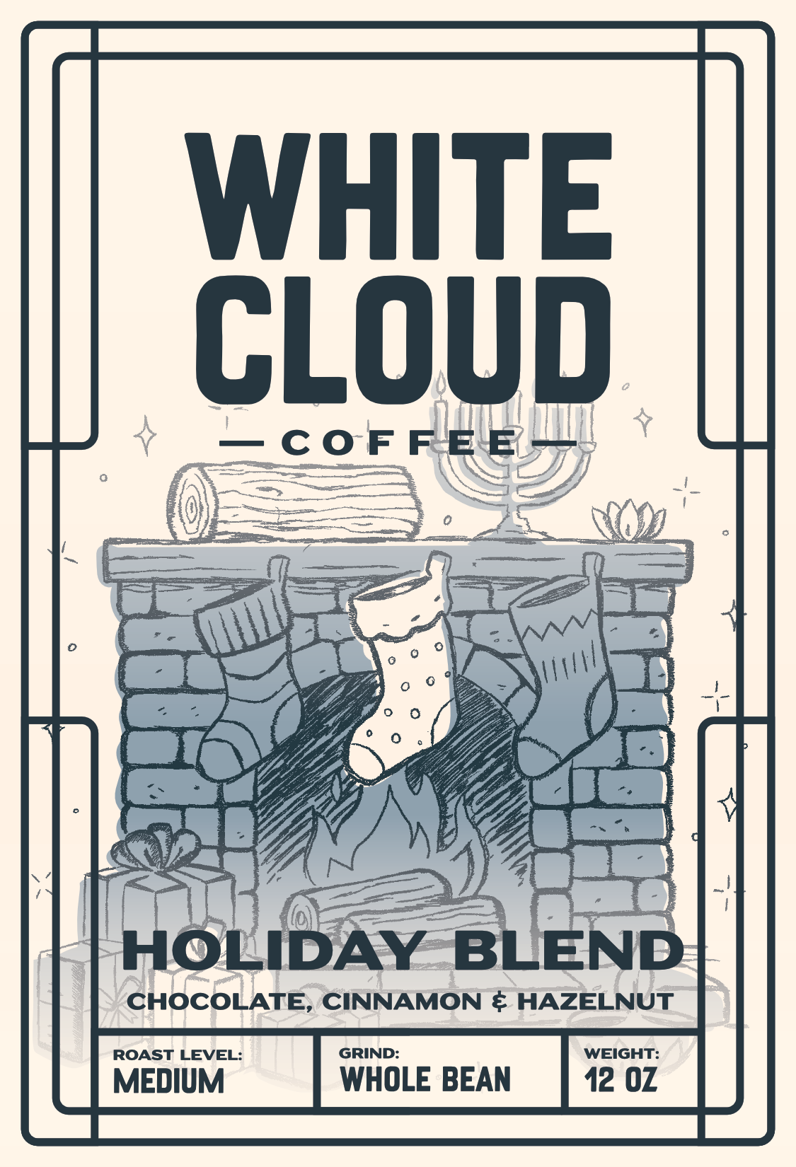 Holiday Blend medium roast coffee from White Cloud Coffee, fireplace stockings artwork