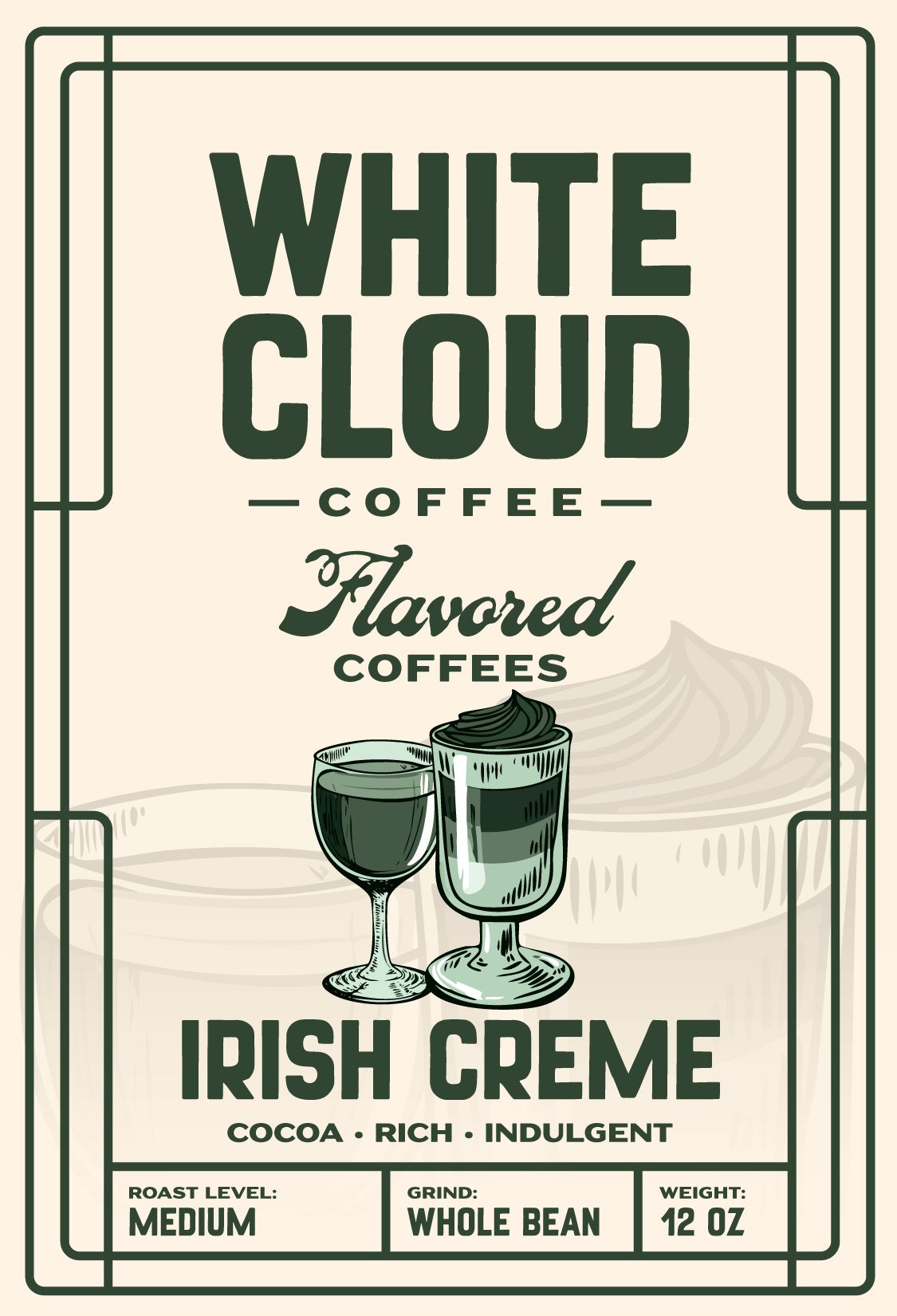 Irish Crème flavored medium roast from White Cloud Coffee, cream-topped glasses artwork