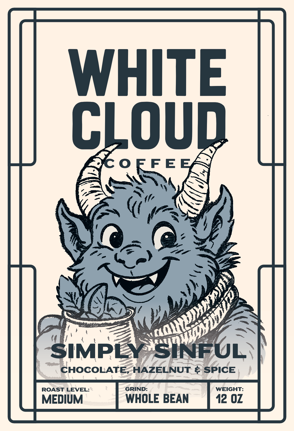 Simply Sinful flavored coffee from White Cloud Coffee, horned holiday creature artwork