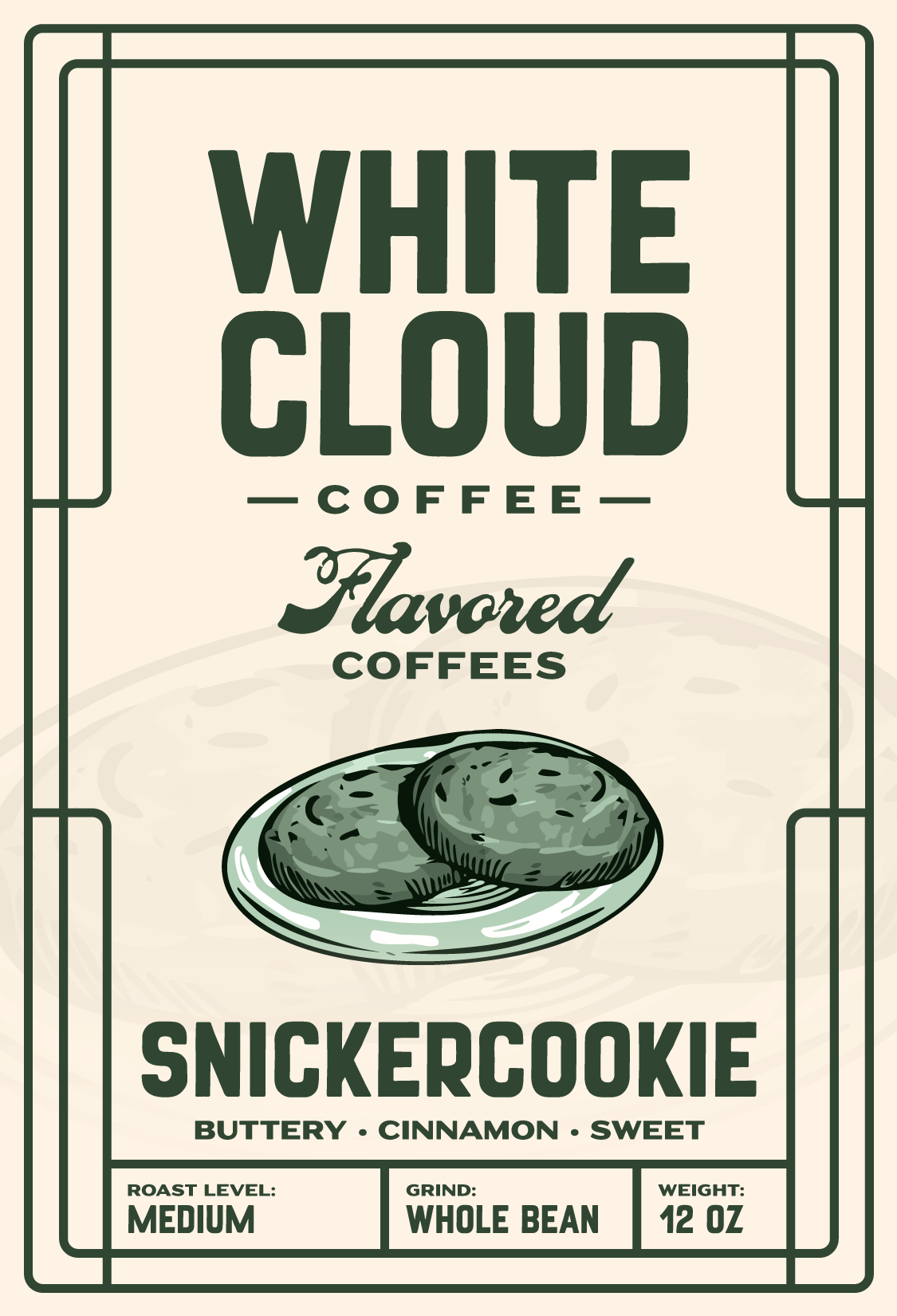 Snicker Cookie flavored coffee from White Cloud Coffee, cinnamon cookies artwork