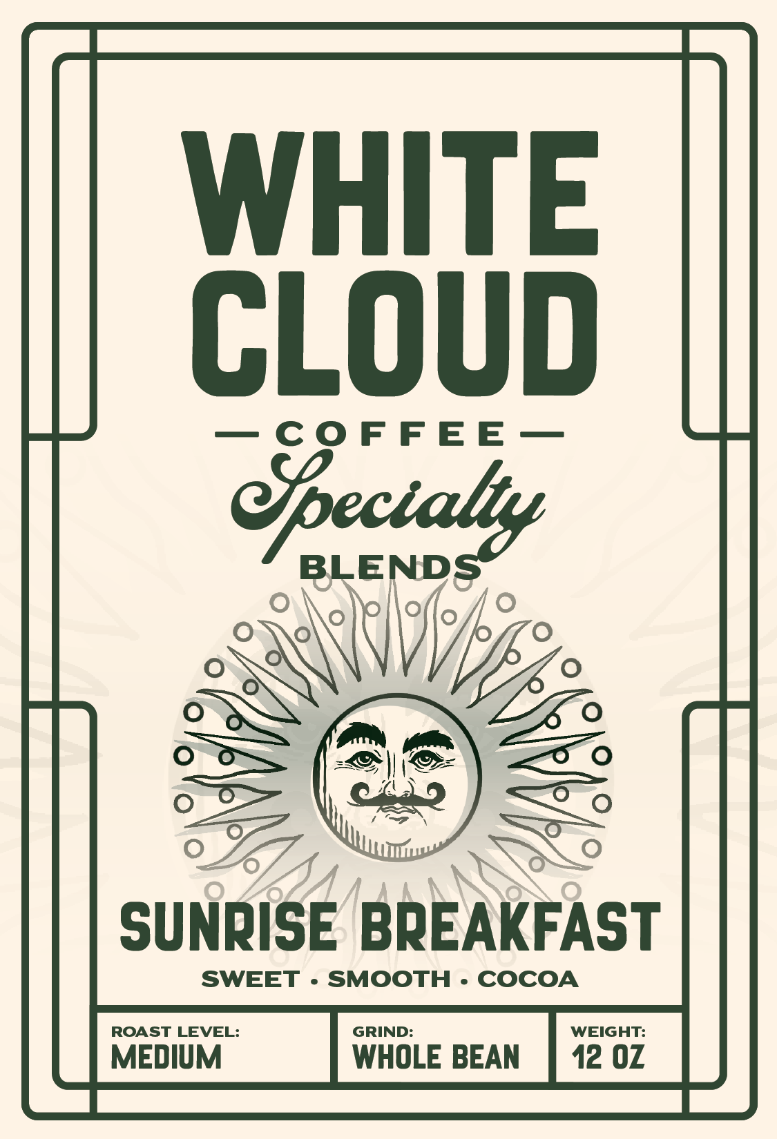White Cloud Coffee Sunrise Breakfast specialty blend bag with sun illustration