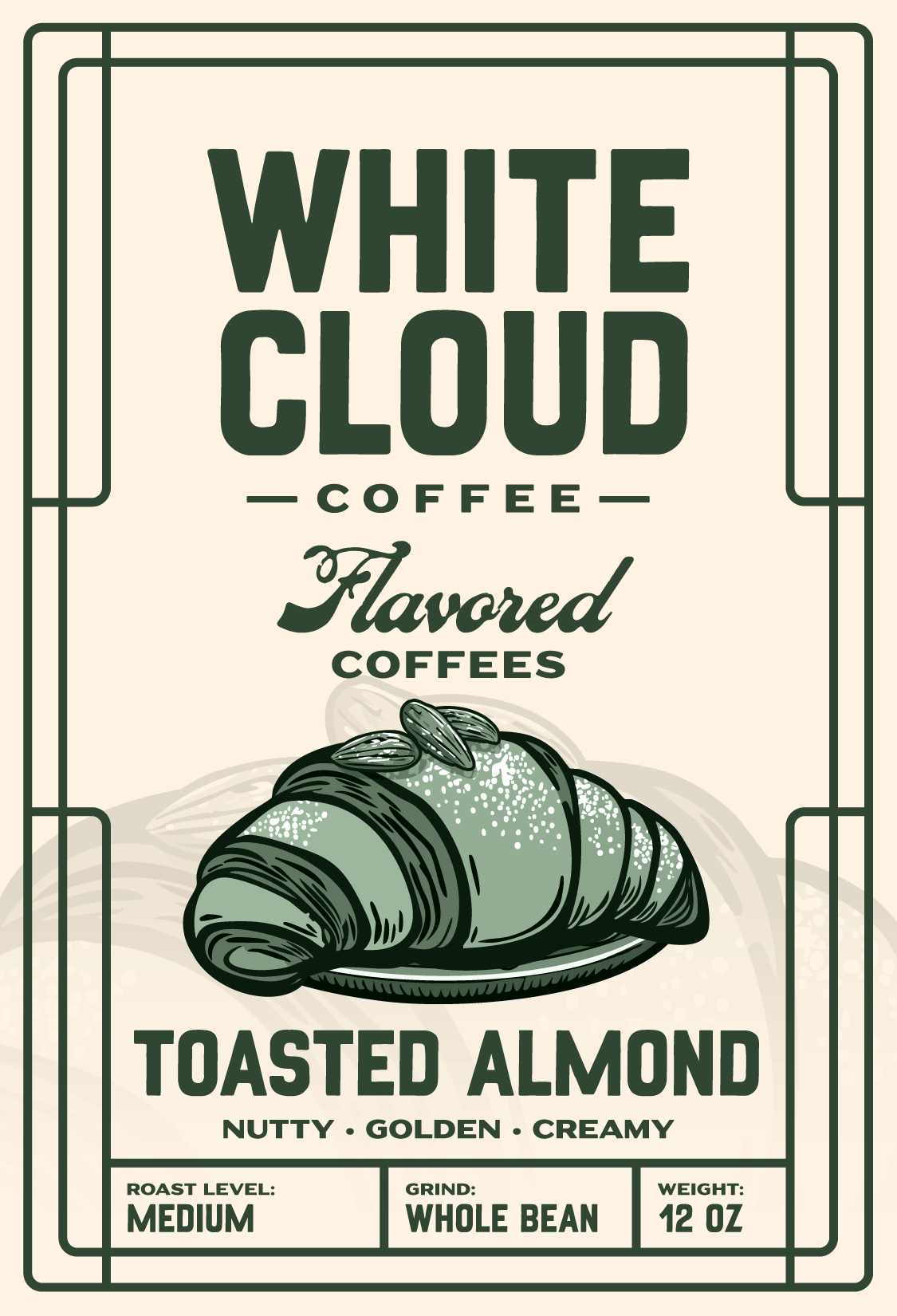 Toasted Almond Creme flavored coffee from White Cloud Coffee, almond croissant artwork