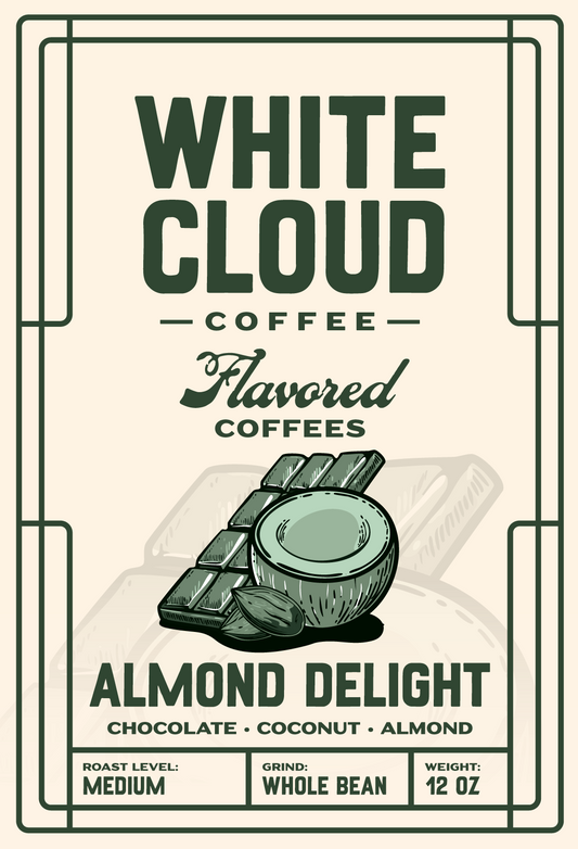 Almond Delight flavored coffee from White Cloud Coffee, chocolate coconut almond artwork