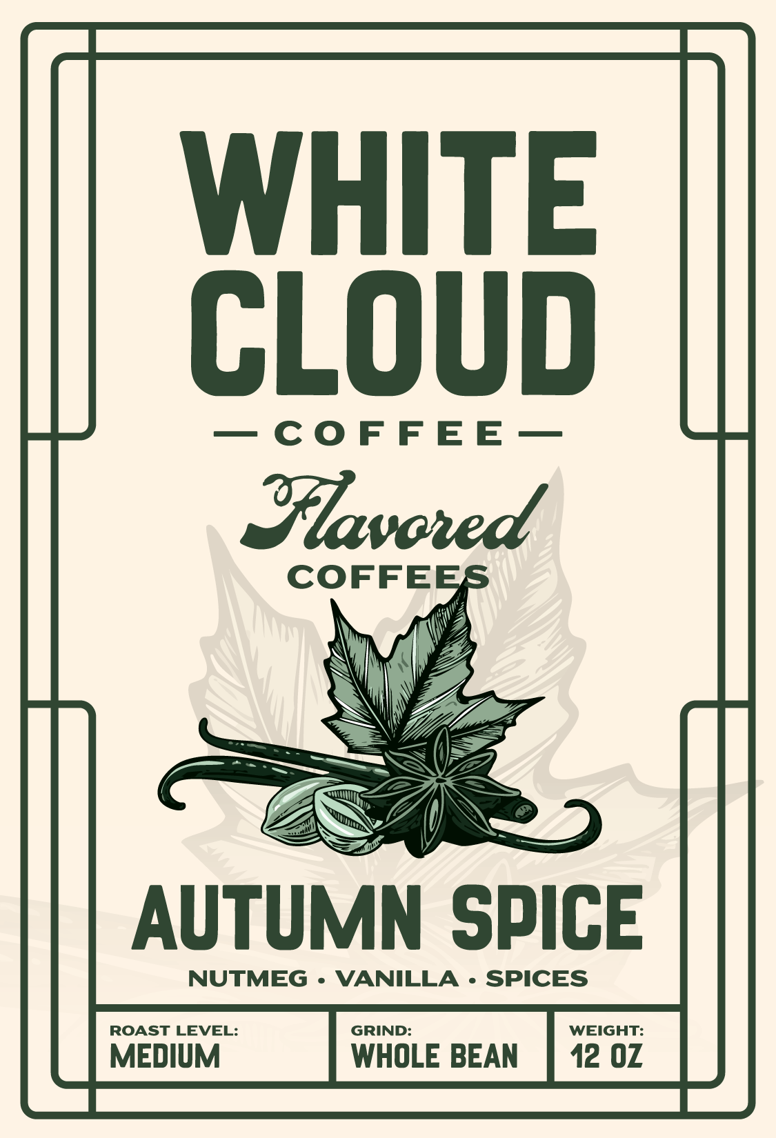 Autumn Spice seasonal flavored coffee from White Cloud Coffee, maple leaf and vanilla artwork