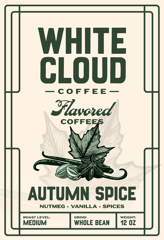 Autumn Spice seasonal flavored coffee from White Cloud Coffee, maple leaf and vanilla artwork