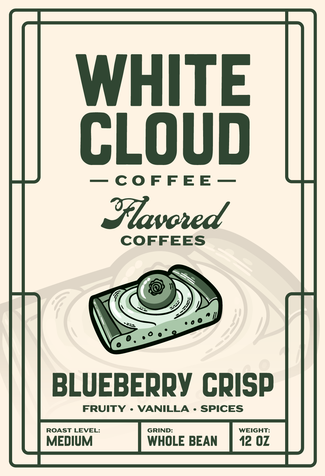 Blueberry Crisp flavored medium roast from White Cloud Coffee, dessert bar artwork