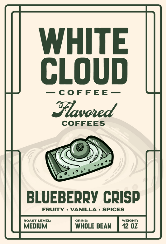Blueberry Crisp flavored medium roast from White Cloud Coffee, dessert bar artwork