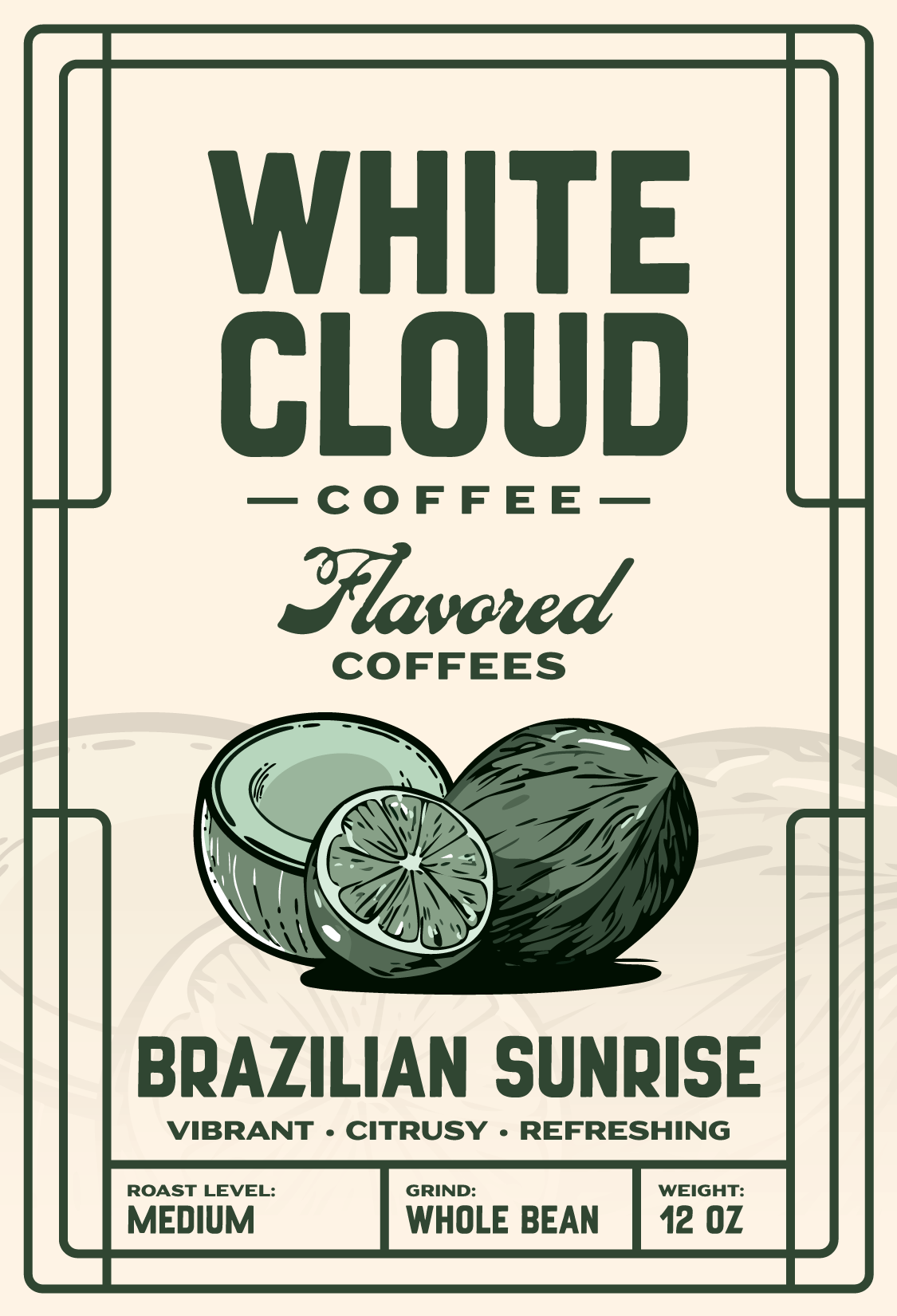 Brazilian Sunrise flavored medium roast from White Cloud Coffee, citrus and coconut artwork