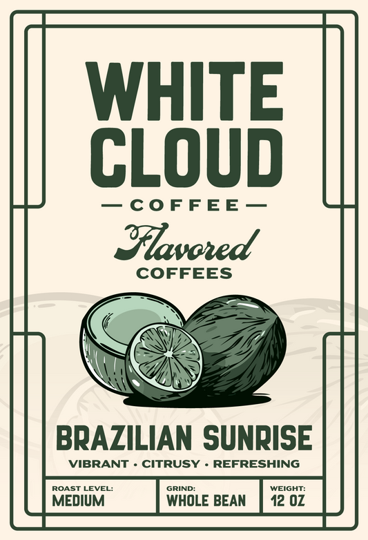 Brazilian Sunrise flavored medium roast from White Cloud Coffee, citrus and coconut artwork