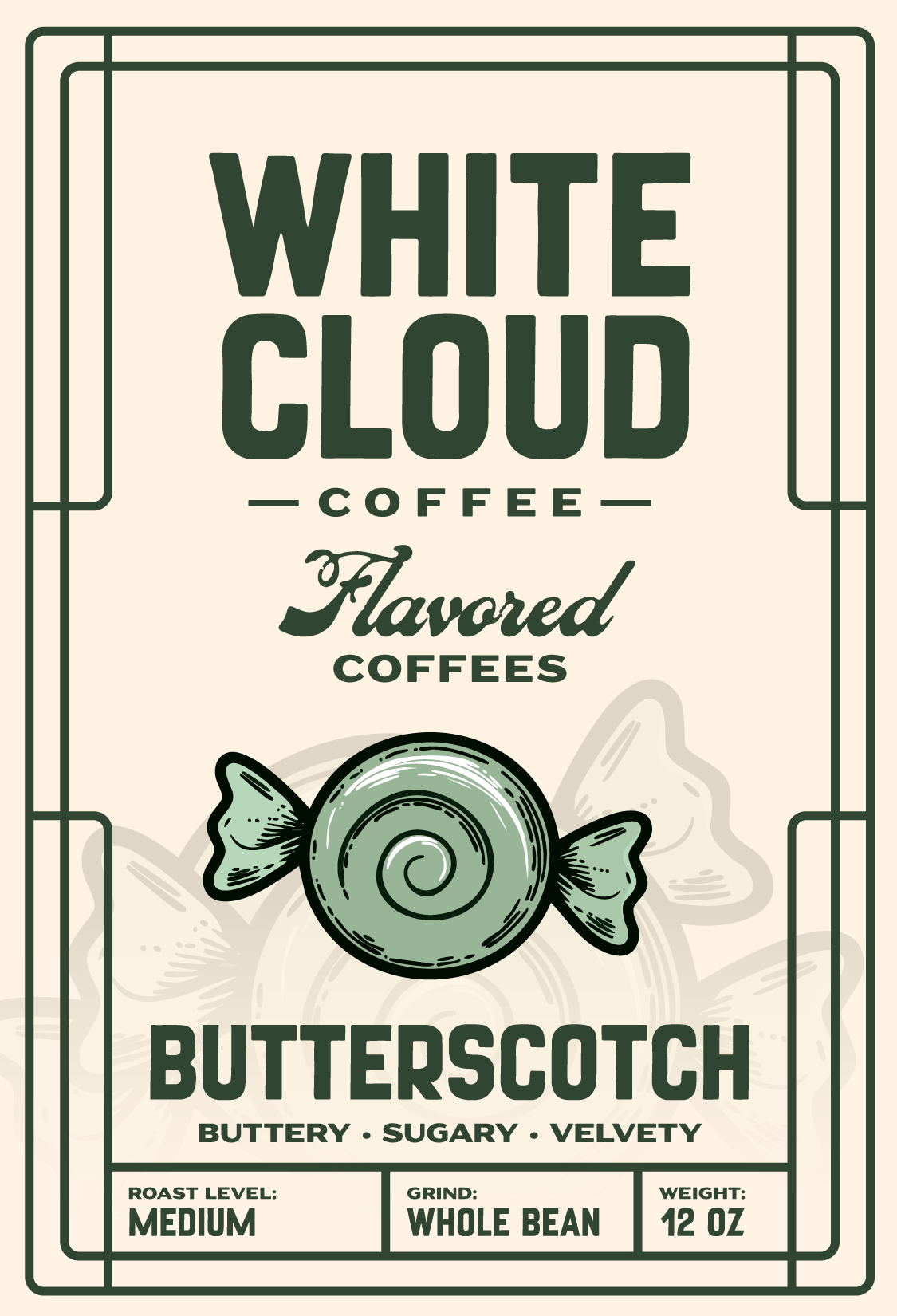 Butterscotch flavored coffee from White Cloud Coffee, wrapped candy artwork on label