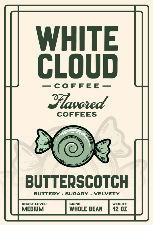 Butterscotch flavored coffee from White Cloud Coffee, wrapped candy artwork on label