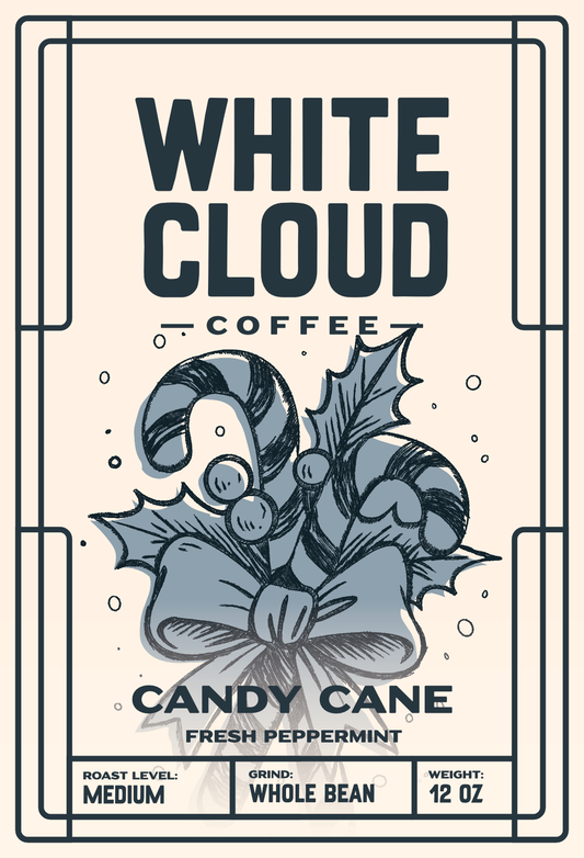 Candy Cane peppermint holiday coffee from White Cloud Coffee, candy cane and holly artwork