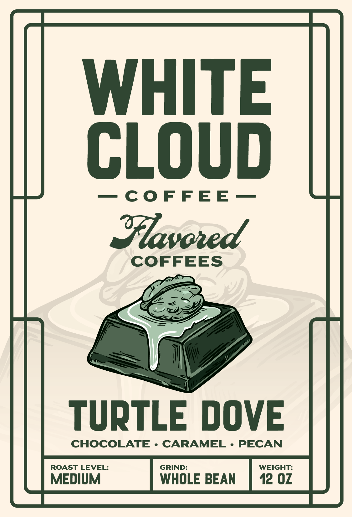 Chocolate Turtle Dove flavored coffee from White Cloud Coffee, caramel pecan candy artwork