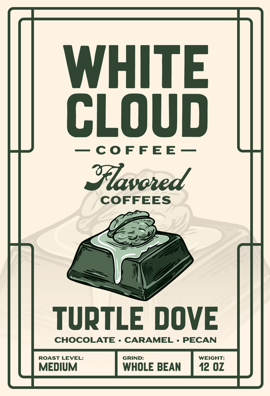 Chocolate Turtle Dove flavored coffee from White Cloud Coffee, caramel pecan candy artwork