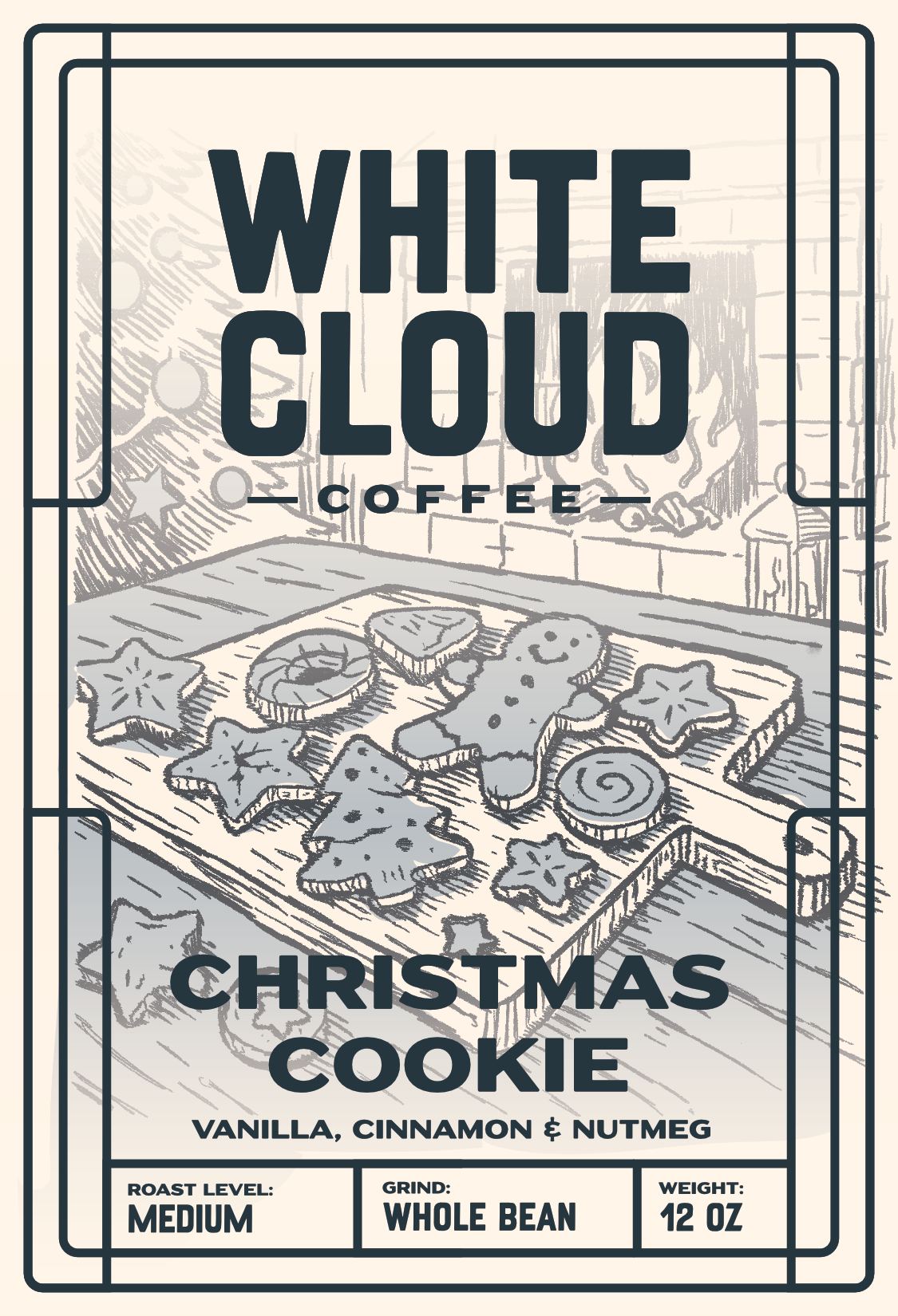 Christmas Cookie holiday flavored coffee from White Cloud Coffee, cookie tray artwork