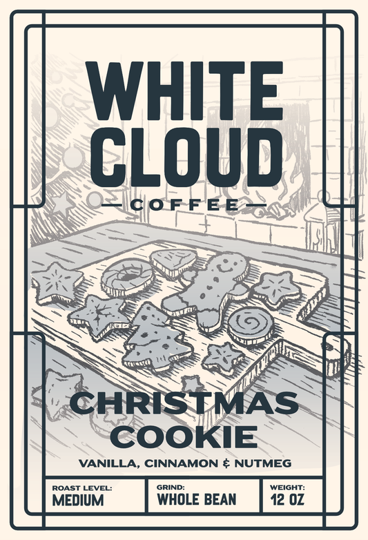 Christmas Cookie holiday flavored coffee from White Cloud Coffee, cookie tray artwork