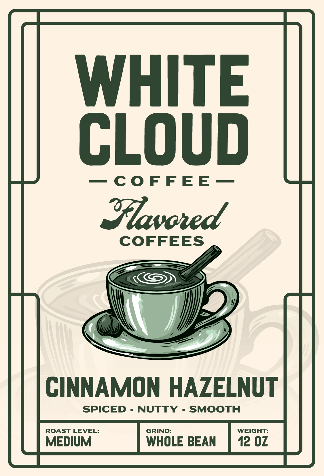 Cinnamon Hazelnut flavored medium roast from White Cloud Coffee, latte cup artwork