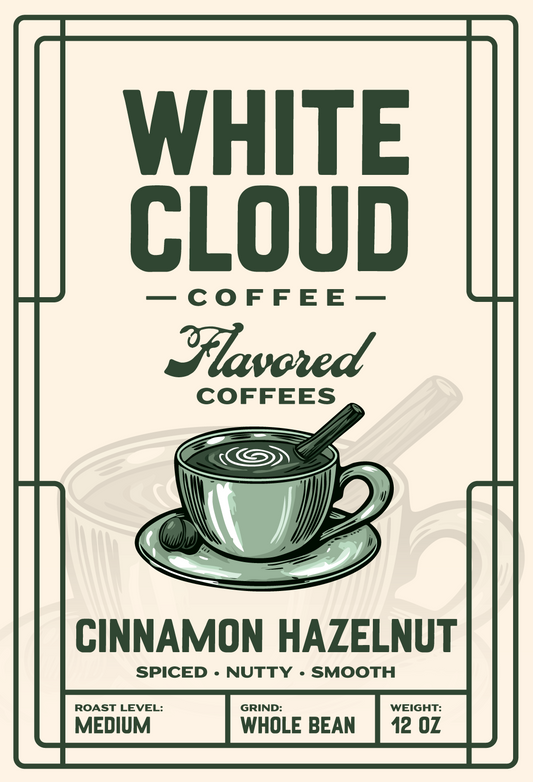 Cinnamon Hazelnut flavored medium roast from White Cloud Coffee, latte cup artwork