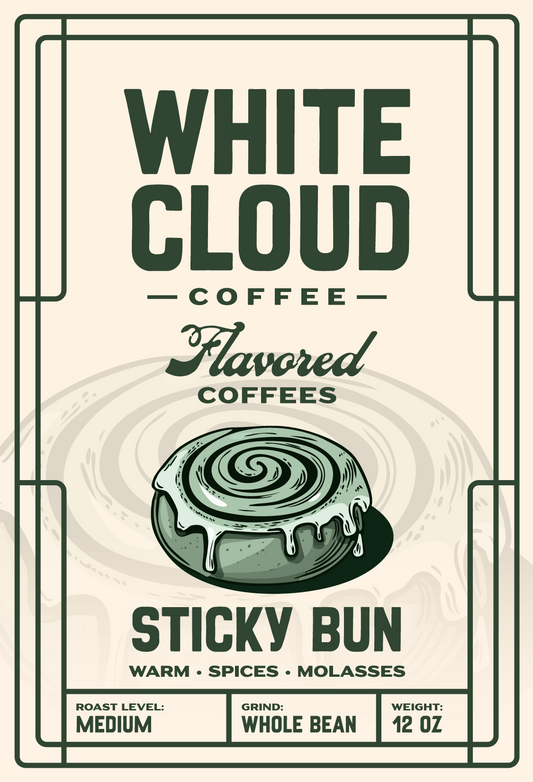 Cinnamon Sticky Bun flavored medium roast from White Cloud Coffee, glazed roll artwork