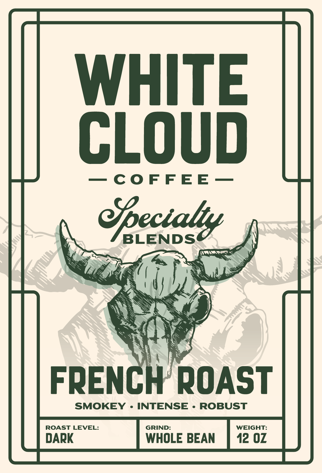 White Cloud Coffee Classic French Roast dark roast bag with steer skull illustration
