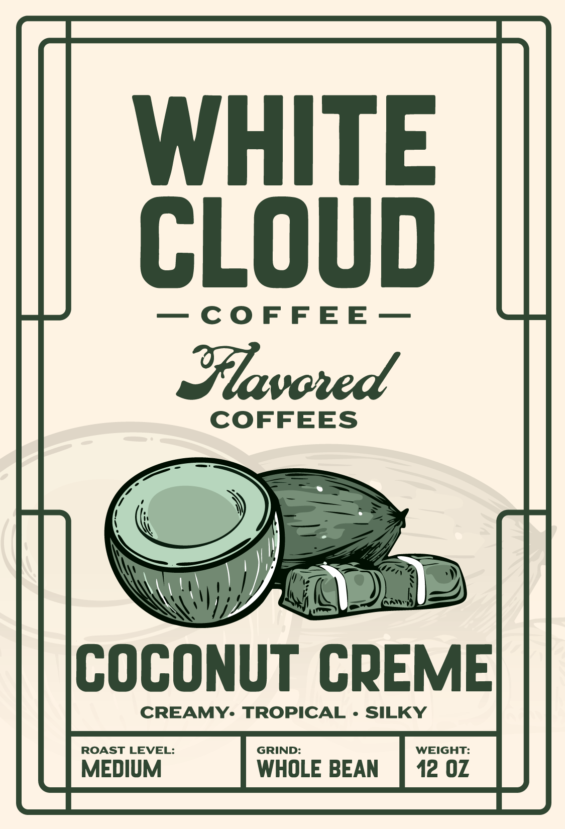 Coconut Crème flavored medium roast from White Cloud Coffee, halved coconut artwork