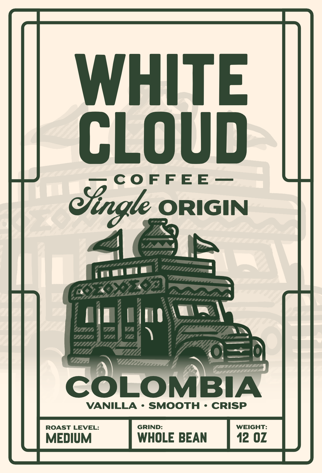 Colombian medium roast single origin coffee from White Cloud Coffee, chiva bus artwork