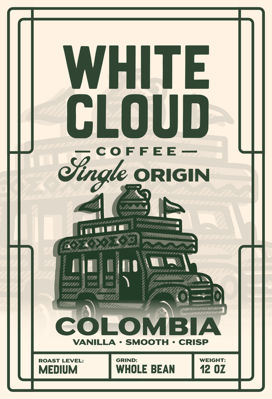 Colombian medium roast single origin coffee from White Cloud Coffee, chiva bus artwork