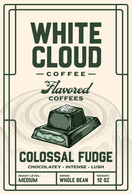Colossal Fudge chocolate flavored coffee from White Cloud Coffee, fudge squares artwork