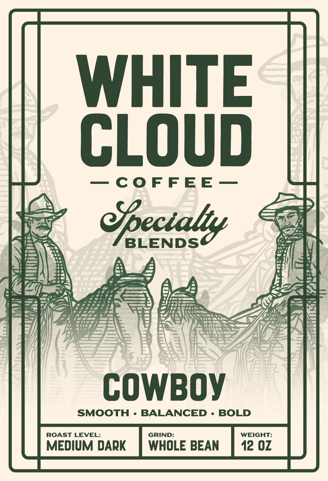 White Cloud Coffee Cowboy specialty blend bag with horseback riders illustration