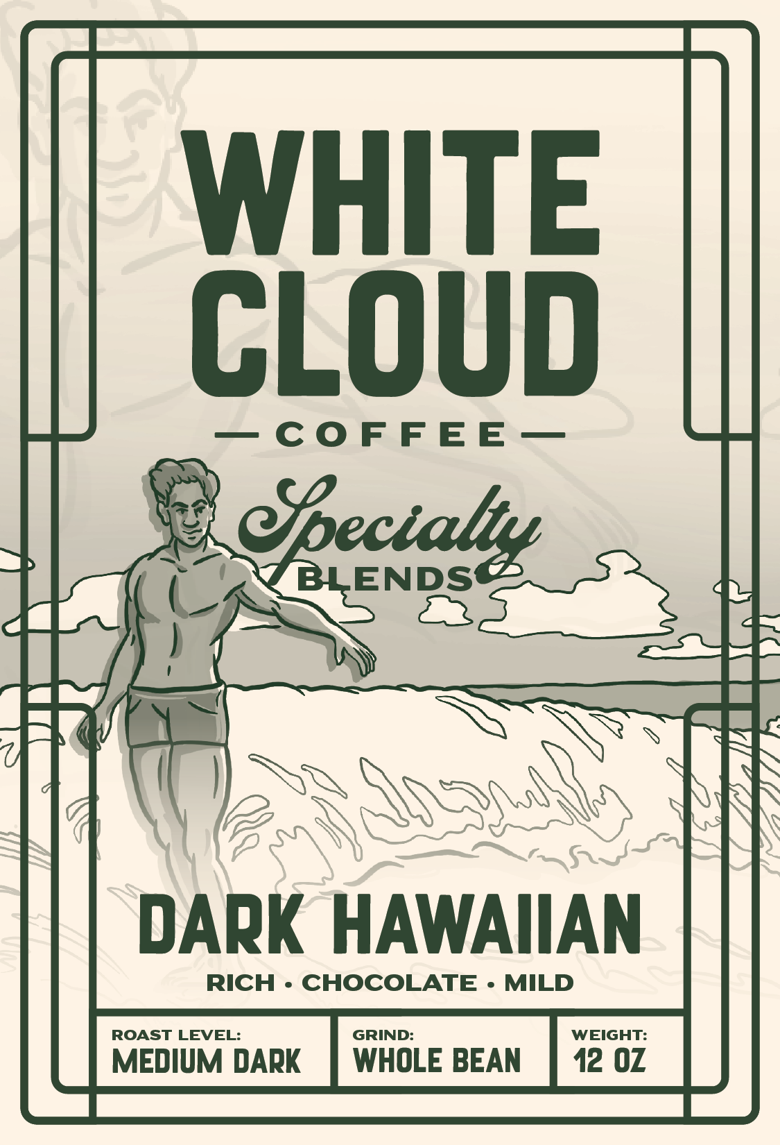Dark Hawaiian rich chocolate coffee bag by White Cloud Coffee, surfer artwork