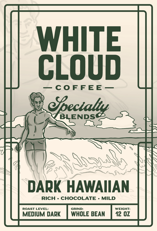 Dark Hawaiian rich chocolate coffee bag by White Cloud Coffee, surfer artwork