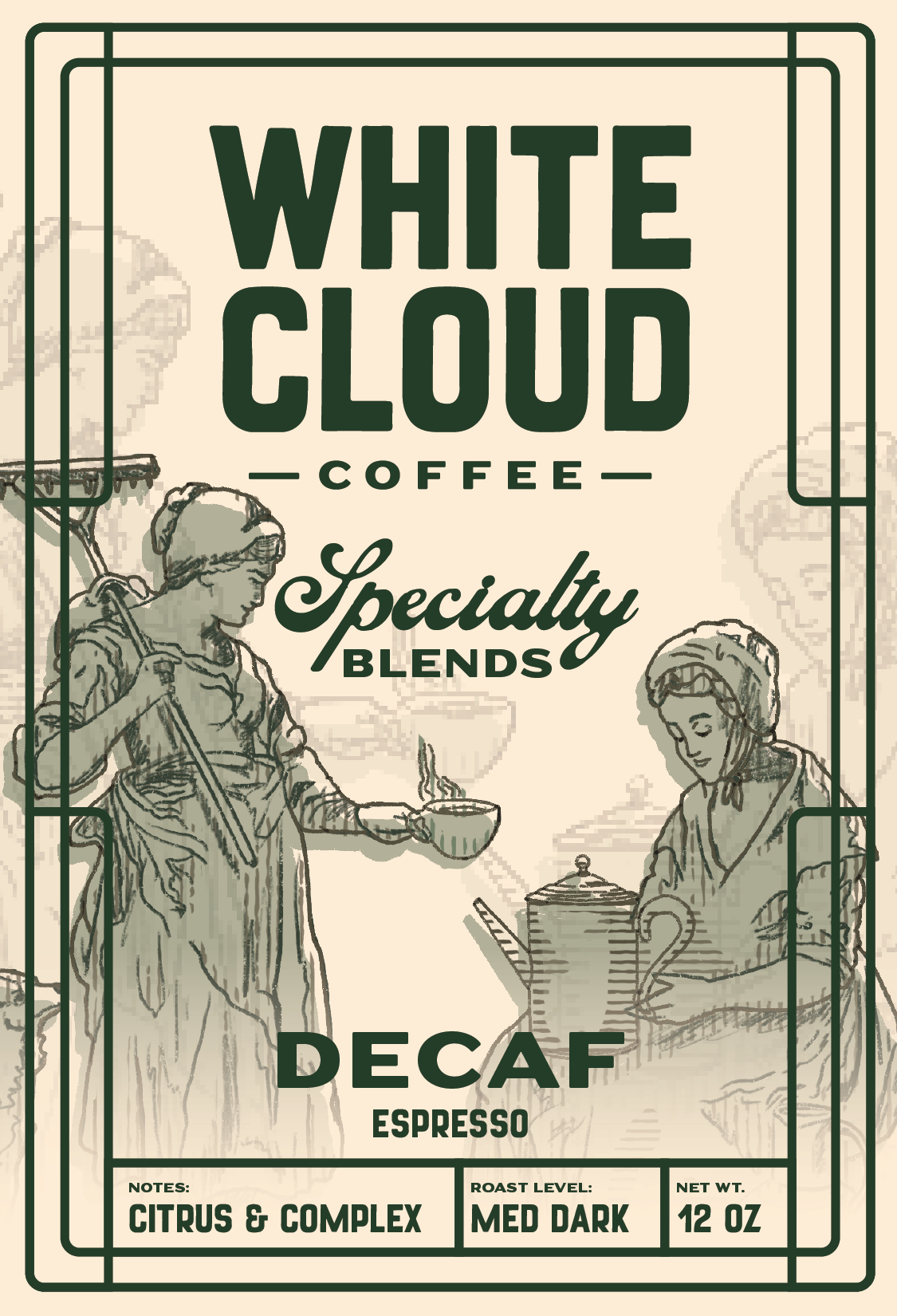 Decaf Espresso medium dark roast from White Cloud Coffee, vintage café artwork