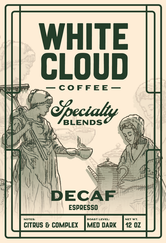 Decaf Espresso medium dark roast from White Cloud Coffee, vintage café artwork