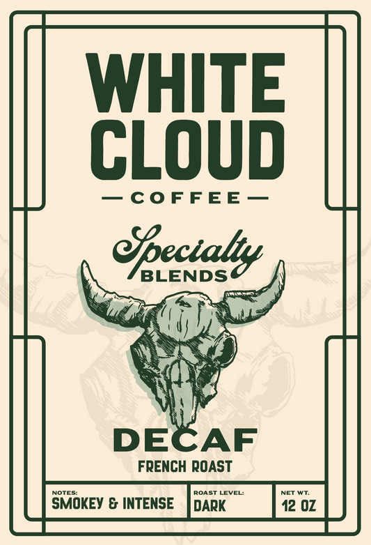 Decaf French Roast from White Cloud Coffee, steer skull artwork on label