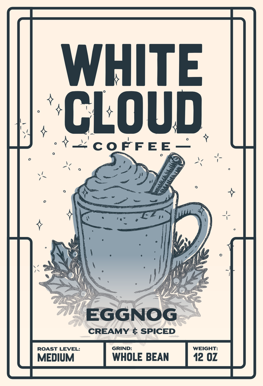 Egg Nog flavored holiday coffee from White Cloud Coffee, whipped-cream mug artwork