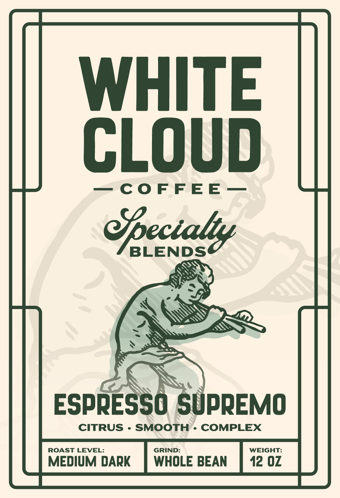 White Cloud Coffee Espresso Supremo specialty blend bag with seated figure illustration