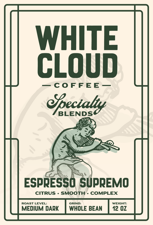 White Cloud Coffee Espresso Supremo specialty blend bag with seated figure illustration