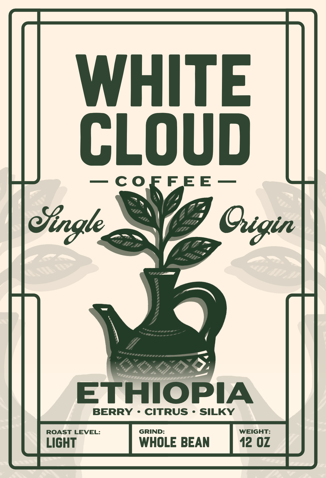Ethiopian Yirgacheffe single origin coffee from White Cloud Coffee, jebena pot artwork