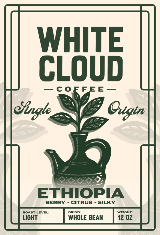 Ethiopian Yirgacheffe single origin coffee from White Cloud Coffee, jebena pot artwork