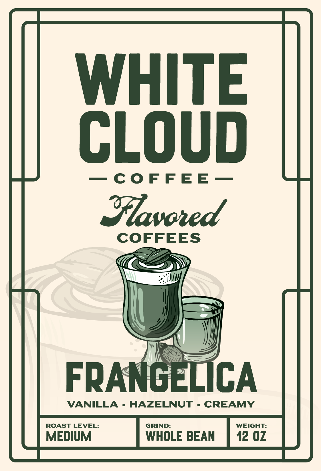 Frangelica hazelnut flavored coffee from White Cloud Coffee, dessert glass artwork