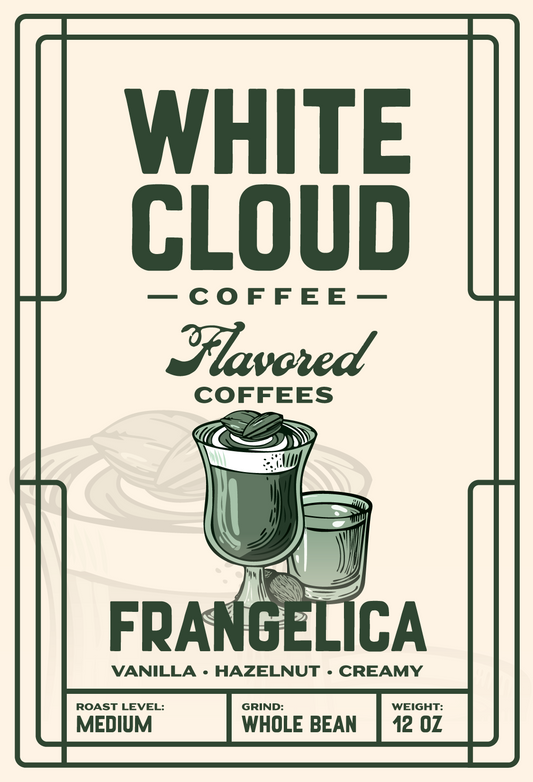 Frangelica hazelnut flavored coffee from White Cloud Coffee, dessert glass artwork