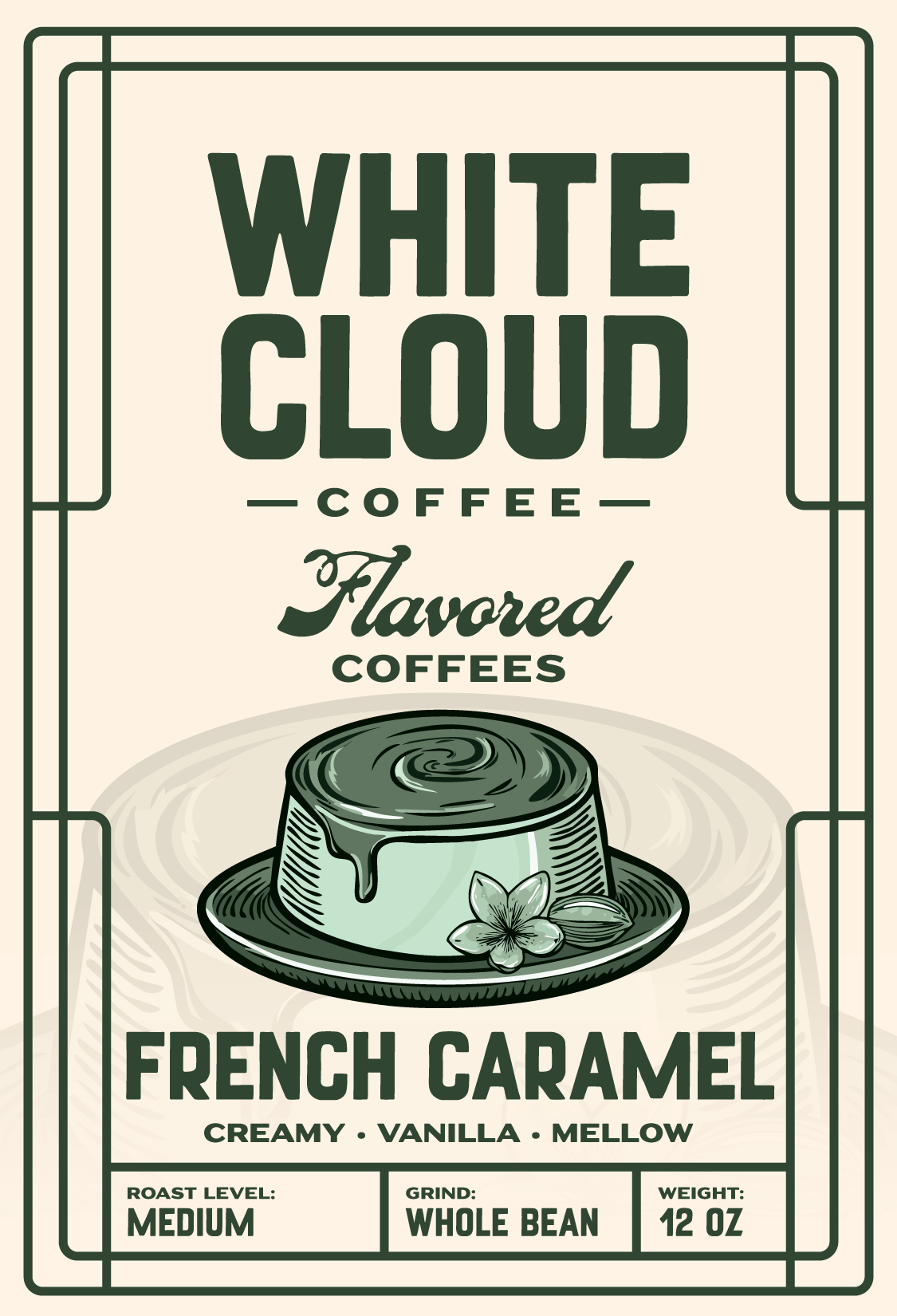 French Caramel Crème flavored coffee from White Cloud Coffee, caramel custard artwork