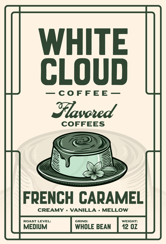 French Caramel Crème flavored coffee from White Cloud Coffee, caramel custard artwork