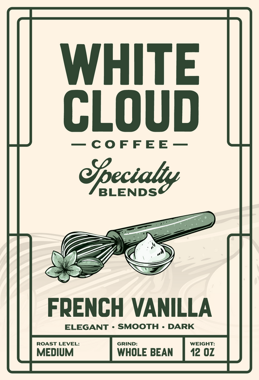 French Vanilla flavored coffee from White Cloud Coffee, whisk and vanilla bean artwork